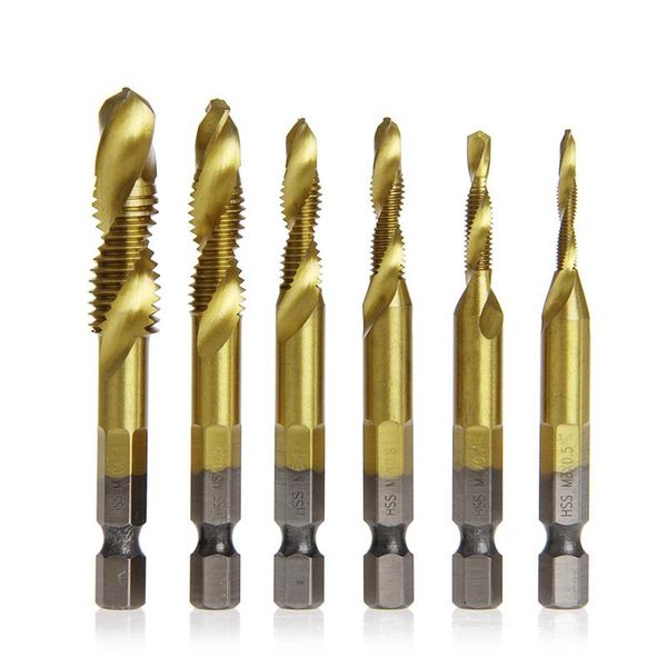 

hand tools 6 pcs/set hss4241 titanium coated drill bits hex shank spiral tap m3-m10