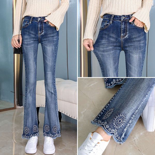 

large pants embroidered elastic autumn micro, Blue