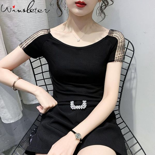 

women's t-shirt summer european clothes tees hollow out o-neck shiny sequined beading pullover women short sleeve t14505a, White