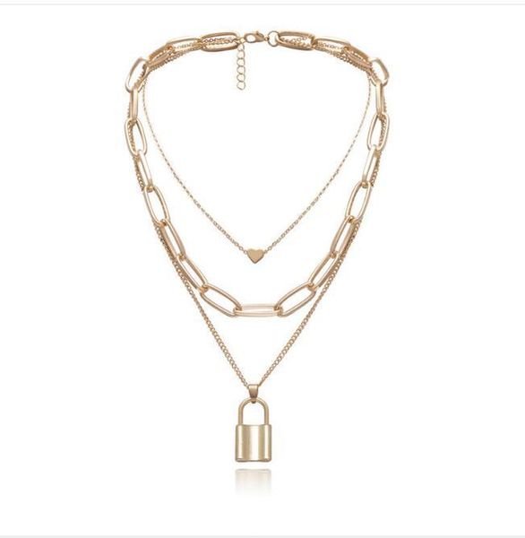 

pendant necklaces european and american cross-border jewelry, punk hip hop exaggerated thick chain necklace women, multi-layer lock-shaped l, Silver
