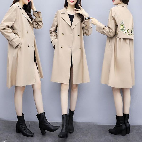 

korean fashion trench coat women embroidery floral casual straight windbreaker plus size 5xl double breasted trenchcoat women's coats, Tan;black