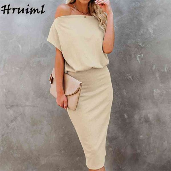 

office dress solid color off shoulder fashion arrival es for women elegant slim mid calf short sleeve 210513, Black;gray