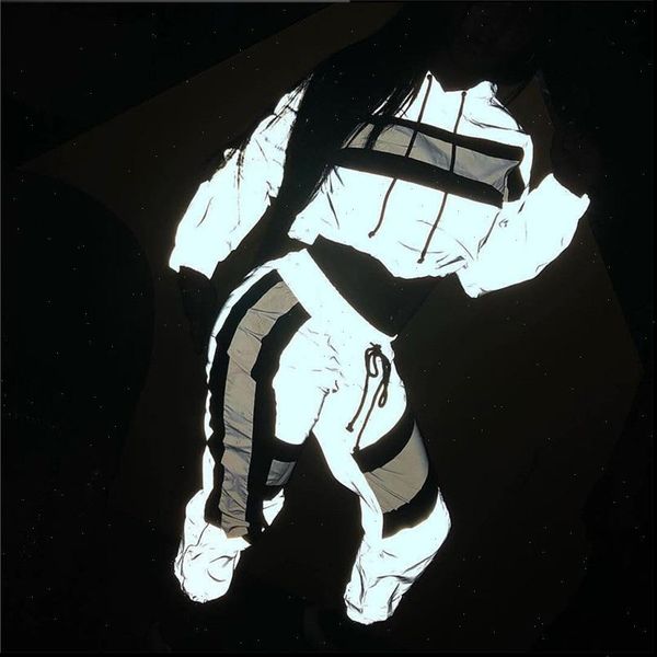 

spring harajuku tracksuit 2 womens tracksuits piece set hip hop reflective crop hoodies pullover pants female coat matching sets, Gray