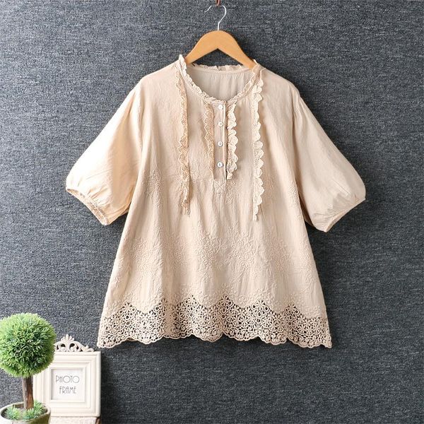 

women's blouses & shirts lamtrip mori girl ruffles patchwork lace doll shirt cotton 100% 2021 summer, White