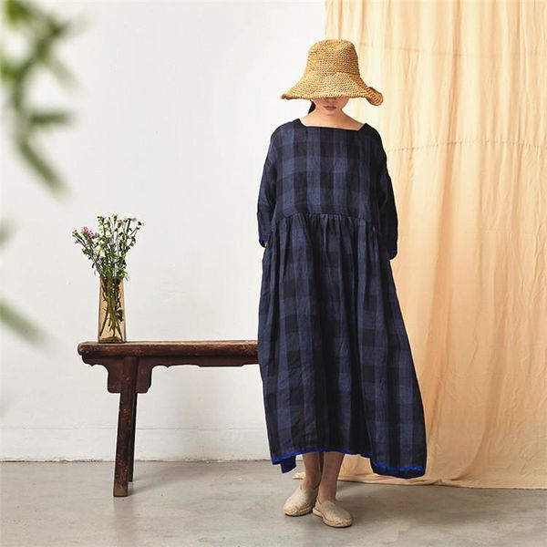 

casual dresses 2021 summer clear and transparent flax dark blue plaid square neck waist rope pulling color collision loose dress thin n167, Black;gray