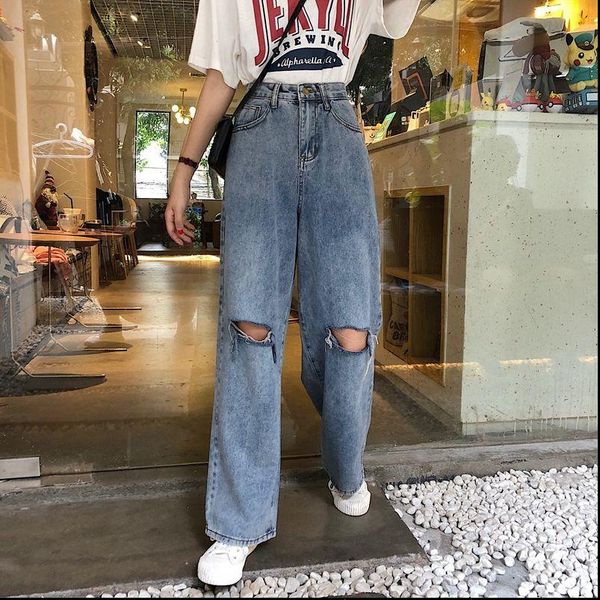 

vintage ripped straight hole denim womens jeans pencil pants streetwear boyfriend loose wide leg, Blue