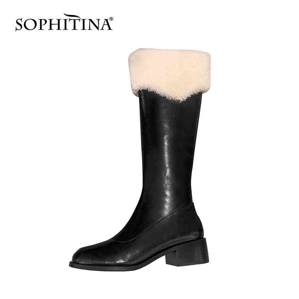 

sophitina winter warm fur knee-high boots woman brown genuine leather short plush insole round toe med square heel shoe po829 210513, Black