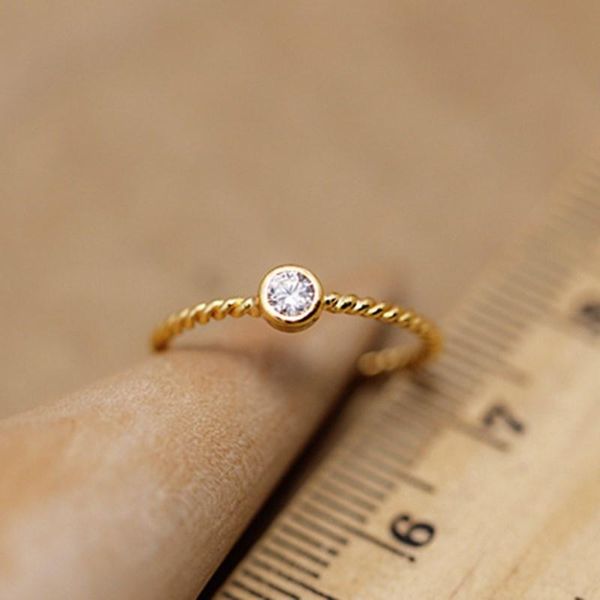 

cluster rings real solid 24k yellow gold ring women luck white zircon twist band us5-8 1-1.5g gift, Golden;silver