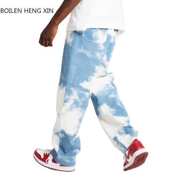 

style men loose jeans straight pants snowflake wash hip hop jeans x0621, Blue
