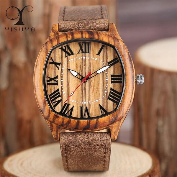 

wristwatches yisuya bamboo wooden watches mens creative wood wristwatch analog quartz leather vintage roman numerals fashion business clock, Slivery;brown