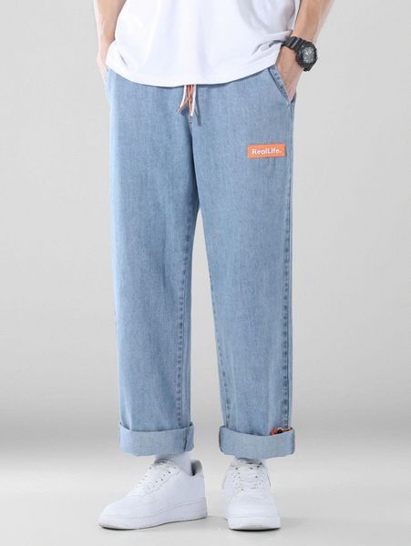 

men letter patched drawstring waist jeans h4rd#, Blue