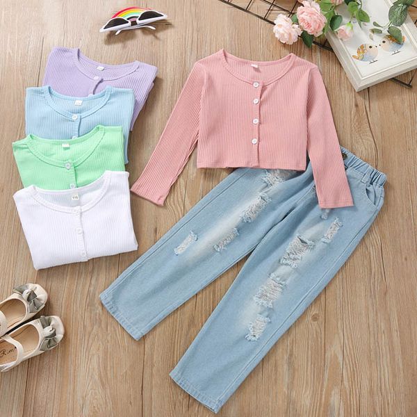

kids clothing sets girls outfits baby clothes children wear spring autumn long sleeve hole denim trousers jeans 2pcs b7618, White