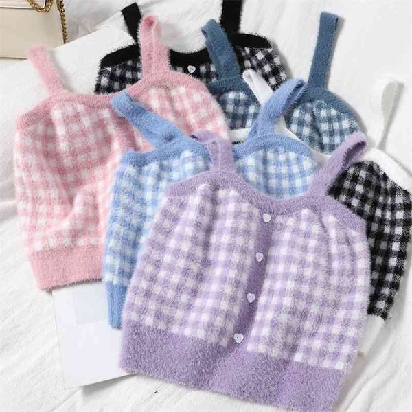 

mink knitted plaid crop female button up straps blue camisole cute sweet girls knitwear for women summer vest 210514, White