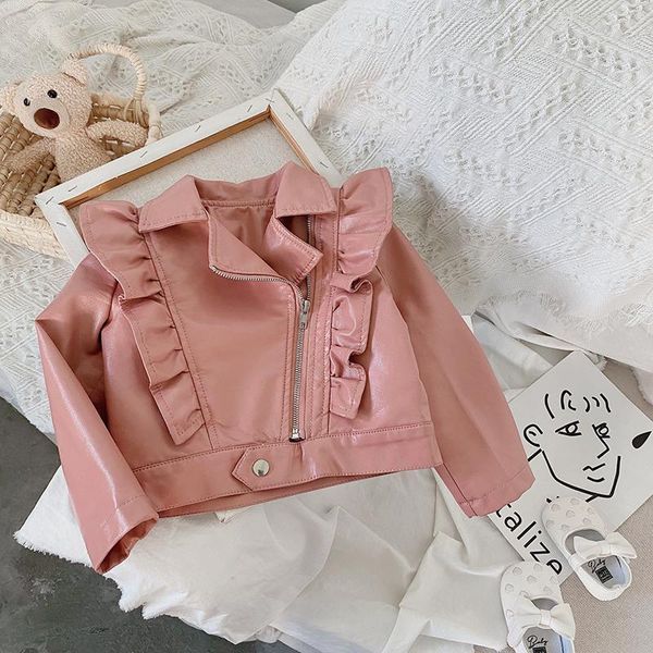 

jackets fashion ruched ruffle pink 2 to 7 y spring autumn girls cloth pu jacket baby faux leather children outwear kids clothes, Blue;gray