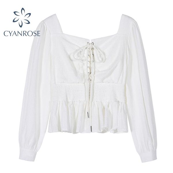 

women's blouses & shirts drawstring lace-up cardigan women 2021 summer elegant vintage korean square collar long sleeve or blusas, White