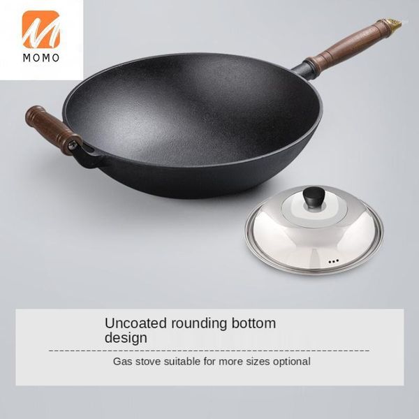 

cast iron wok non-stick old-fashioned flat pot frying pan uncoated household round bottom thickened storage bottles & jars