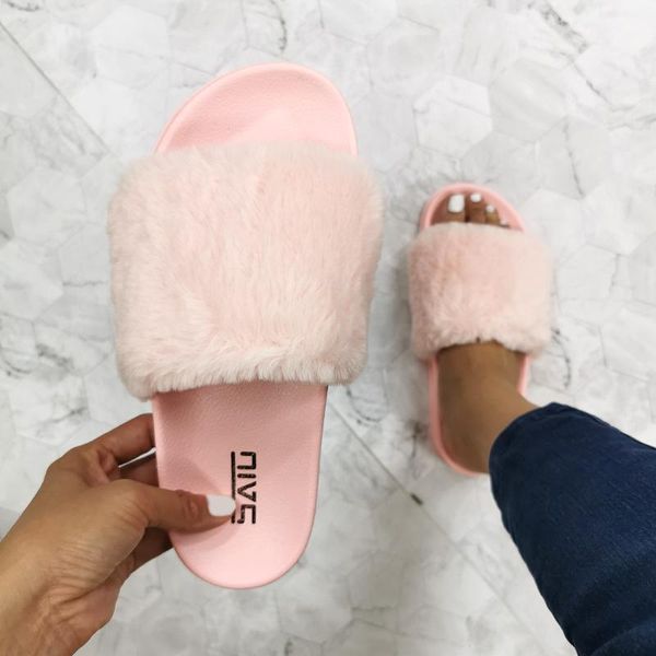 

slippers one drop plush women female furry slides wear-resistant flat home shoes fur woman indoor sandals1, Black