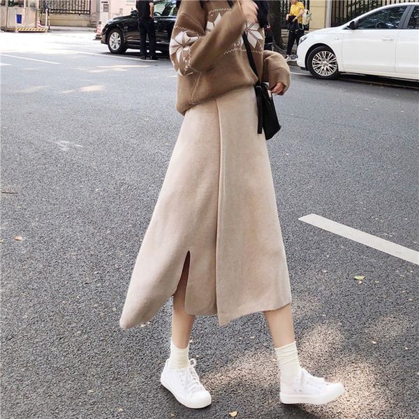 

skirts knit skirt female autumn winter s womens a-line high waist split one step elegant spring women woolen s 0lld, Black