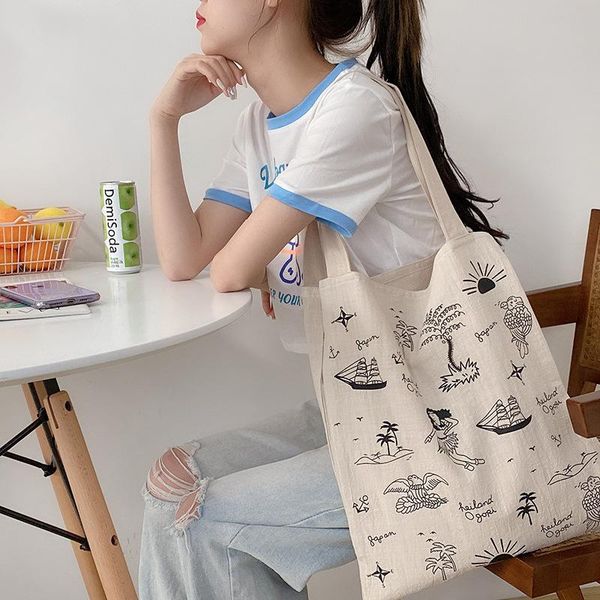

evening bags cotton linen women canvas shoulder eco friendly shopping bag large capacity vintage handbag tote butterfly sailing print