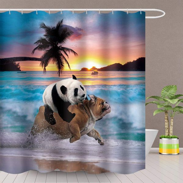 

panda riding on a dog shower curtain funny creative animals seaside beach sunset bathroom decoration set polyester fabric 59x72