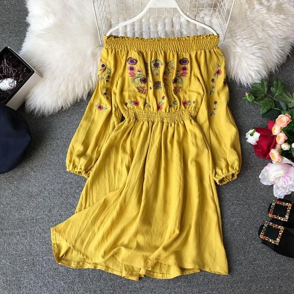 

casual dresses off the shoulder long sleeve dress women summer flower embroidery lady, Black;gray