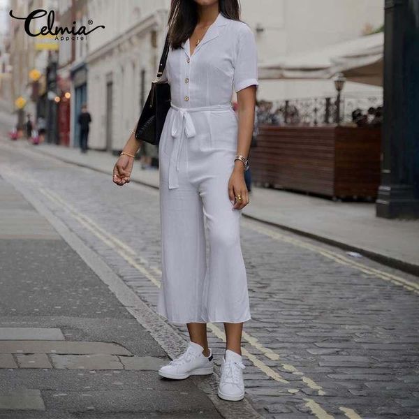 

women's jumpsuits & rompers celmia women summer vintage wide leg casual short sleeve belted work playsuits loose buttons plus size over, Black;white