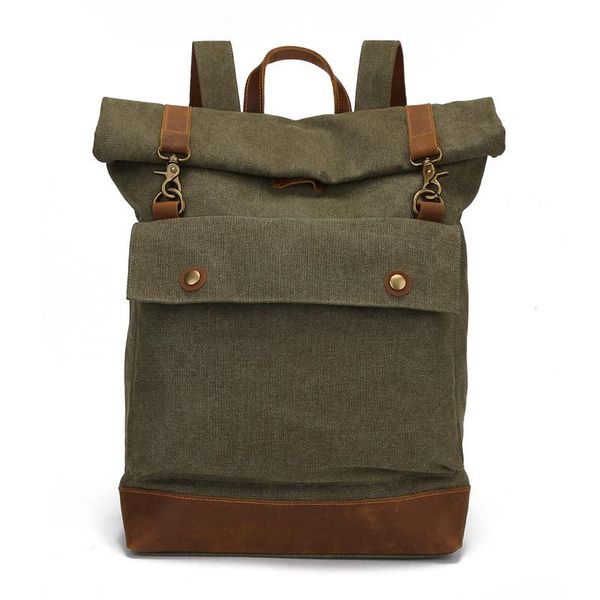 

backpack canvas men's large capacity retro crazy horse leather roll cover outdoor travel