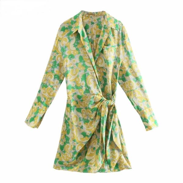 

casual dresses 2021 women vintage floral print slim mini shirt dress female chic long sleeve bow tied wrap kimono vestidos 8346, Black;gray