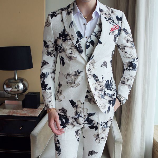 

men's suits & blazers printed suit, 3-piece wedding club casual evening 6 colors 2021, White;black