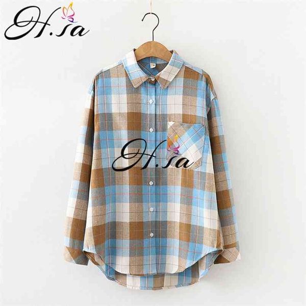

hsa women blouses office lady cotton oversize shiers plaid blue long sleeve spring summer korean fashion shirts 210430, White