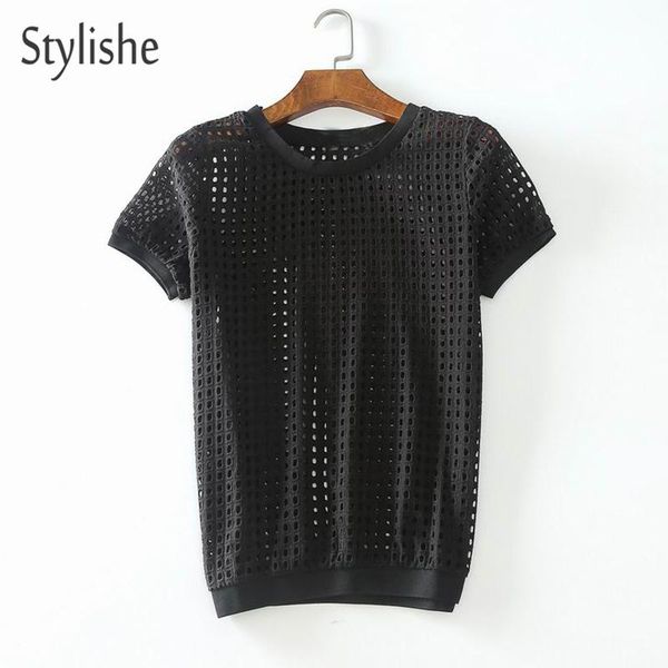 

women's t-shirt stylishe women black t-shirts casual hollow out see-through solid womens short sleeve crewneck cotton tshirt female cl, White