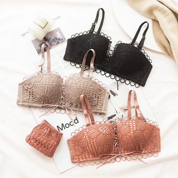 

bras sets circle hollow out intimates for young girls 1/2 cup push up gather woman underwear floral lace belt bralette lingerie, Red;black