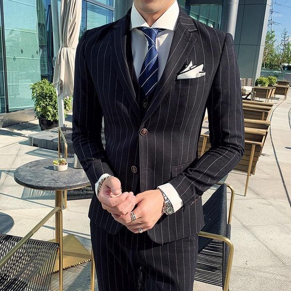 

men's suits & blazers striped korean style slim two-button three-piece business suit, White;black