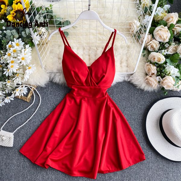 

women a-line dress v-neck spaghetti strap backless mini dresses soild color vestidos slim trend 2021 high waist for party, Black;gray