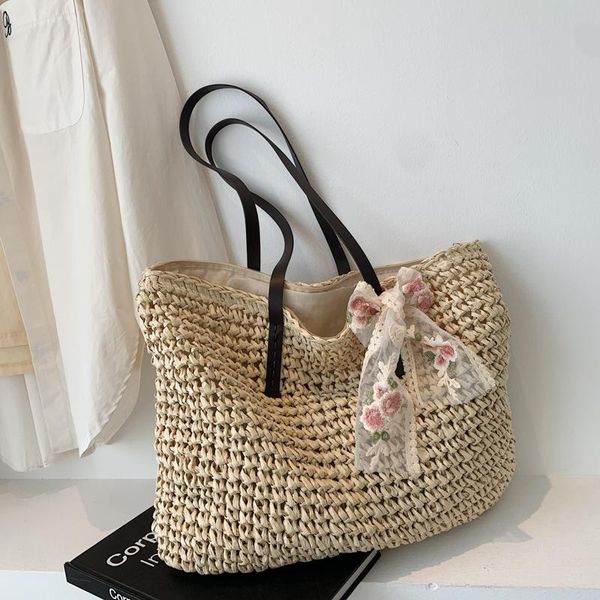 

evening bags straw high capacity for women 2021 summer travel fashion lady casual beach shoulder handbag with sweet flower lace