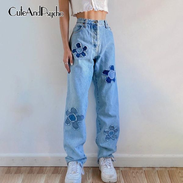 

women's jeans floral patchwork y2k denim women streetwear joggers high waist cargo pants casual vintage trousers retro cuteandpsycho, Blue