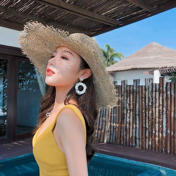 

wide brim hats fashion summer for women retro flat hat hand-made hollow design straw cap lady outdoor sun protection beach caps, Blue;gray