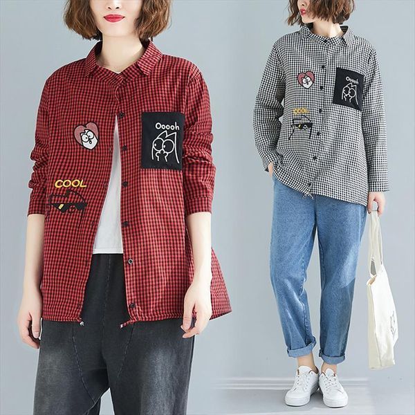 

spring and vintage elegant oversize women blouses loose turn down collar button up jacket long sleeve plaid, White