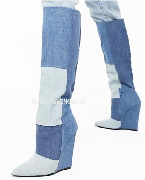 

boots western fashion pointed toe patchwork knee high denim wedge light blue dark jeans long wedges motorcycle1, Black