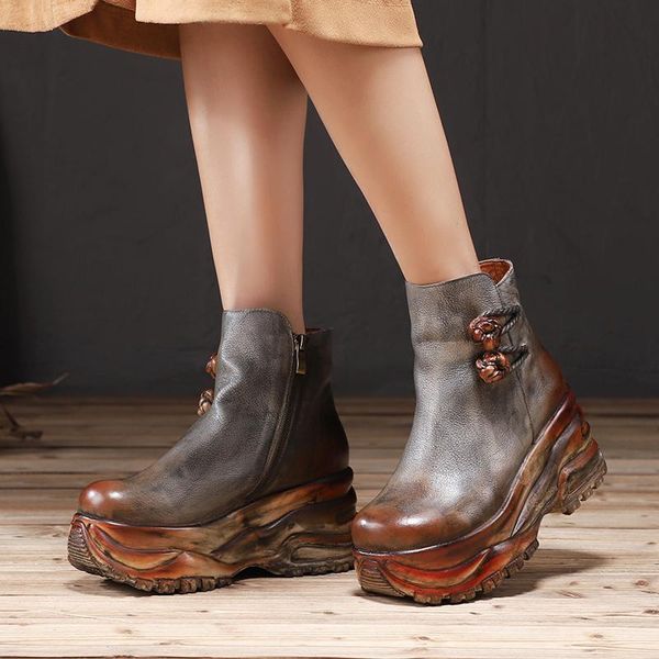 

boots vallu famous luxury high platform wedges shoes woman arrival female floral solid light national lady ankle booties, Black