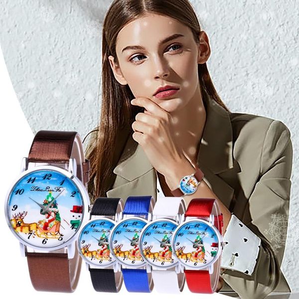 

wristwatches christmas santa sleigh print belt ladies quartz watch fashion simple dial, Slivery;brown
