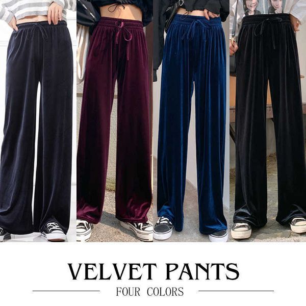 Pantaloni di velluto invernale Moda donna coreana Autunm Vita alta Gamba larga con coulisse Pantaloni eleganti Streewear Pantaloni di velluto Q0801