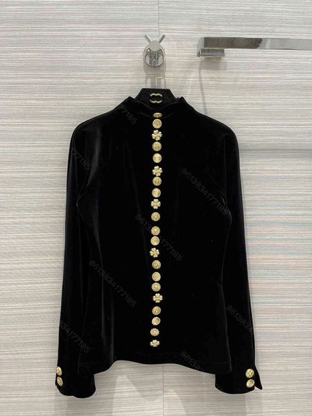 

fashion cc designer velvet shirt women brand cch black hoodie high collar with metal buttons retro star street size sml, White;black