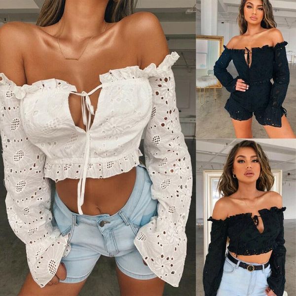 

women's t-shirt women slash neck lace hollow shirts strapless off shoulder ladies crop blouse long sleeve, White