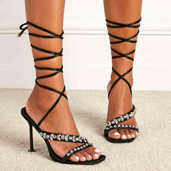 

sandals fashion crystal bling cross-tied 2021 summer retro pu patchwork head peep toe thin high heels women's shoes quie, Black