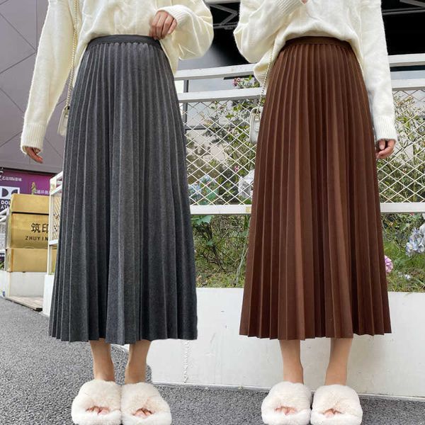 

skirts autumn winter midi long pleated women casual vintage elastic high waist woollen skirt ladies solid simple jupe plisse nlcn, Black