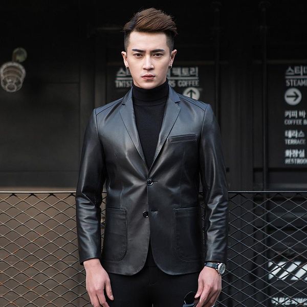 

men's leather & faux male jacket, black leather, spring light red autumn.