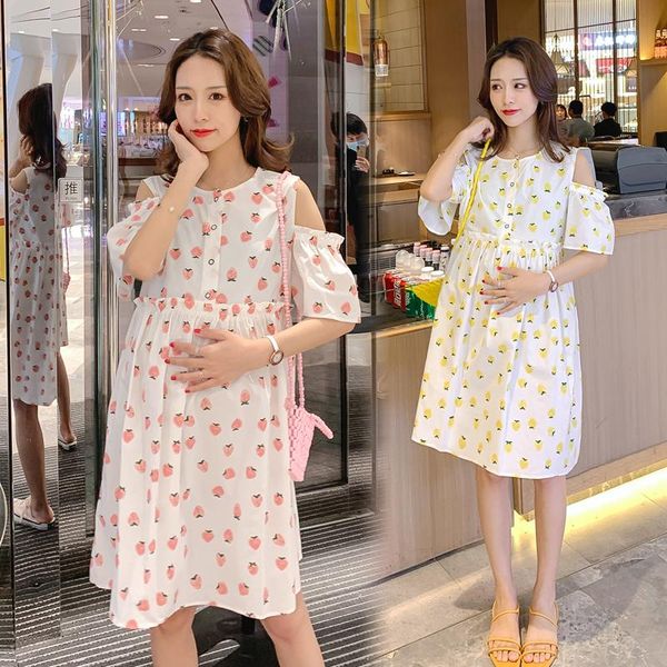 

1020# maternity dress summer cotton hollow shoulder short sleeves loose stylish pregnant women mom dresses, White