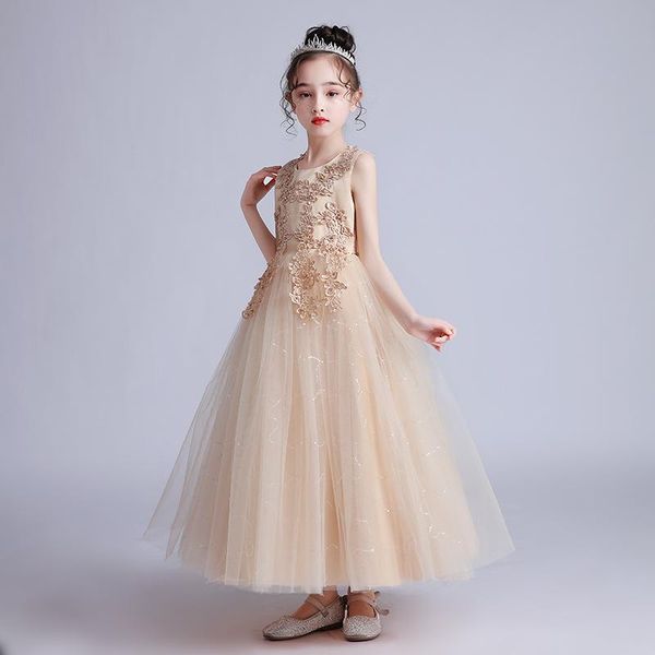 

girl's dresses bling tulle princess lace wedding flower girls dress sleeveless round neck floor length pageant junior bridesmaid ball g, Red;yellow