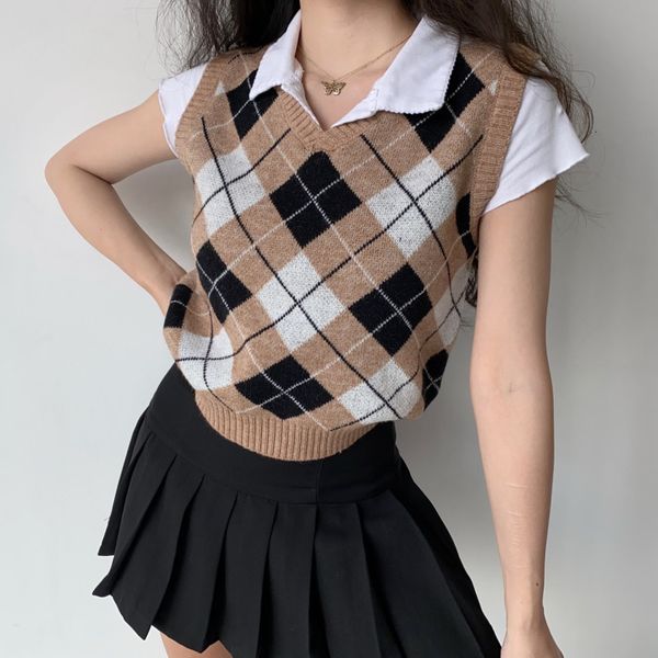

women's sweaters vintage argyle v neck knitted sweater vest women sleeveless pullovers casual plaid knitwear autumn winter pr, White;black